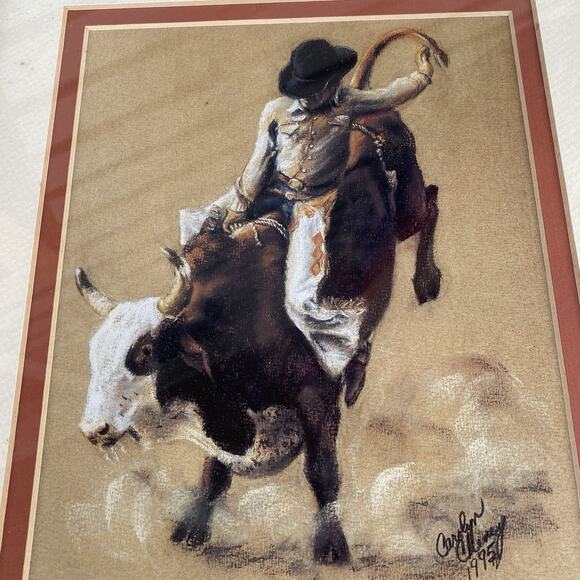 Vintage 1995 BULL RIDING PICTURE RODEO COWBOY CAROLYN CHENEY FRAMED PRINT 13x16” - Picture 2 of 5
